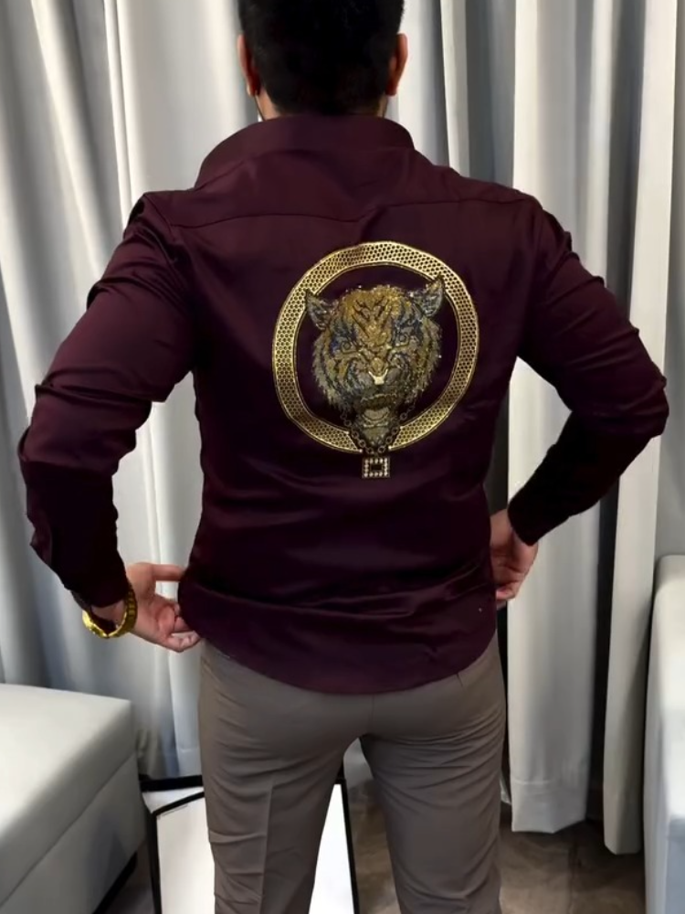 Embroidered Tiger Pattern Formal Shirt For Men