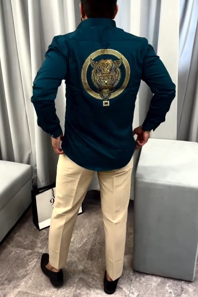 Embroidered Tiger Pattern Formal Shirt For Men
