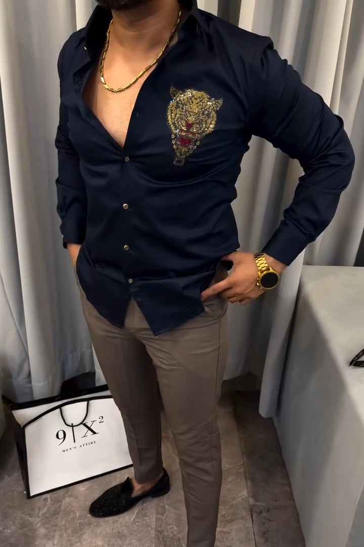 Embroidered Tiger Pattern Formal Shirt For Men