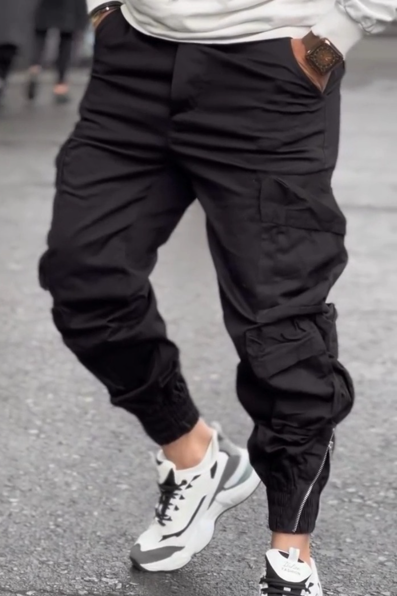 Men’s Black Cargo Pants With Zipper Hem