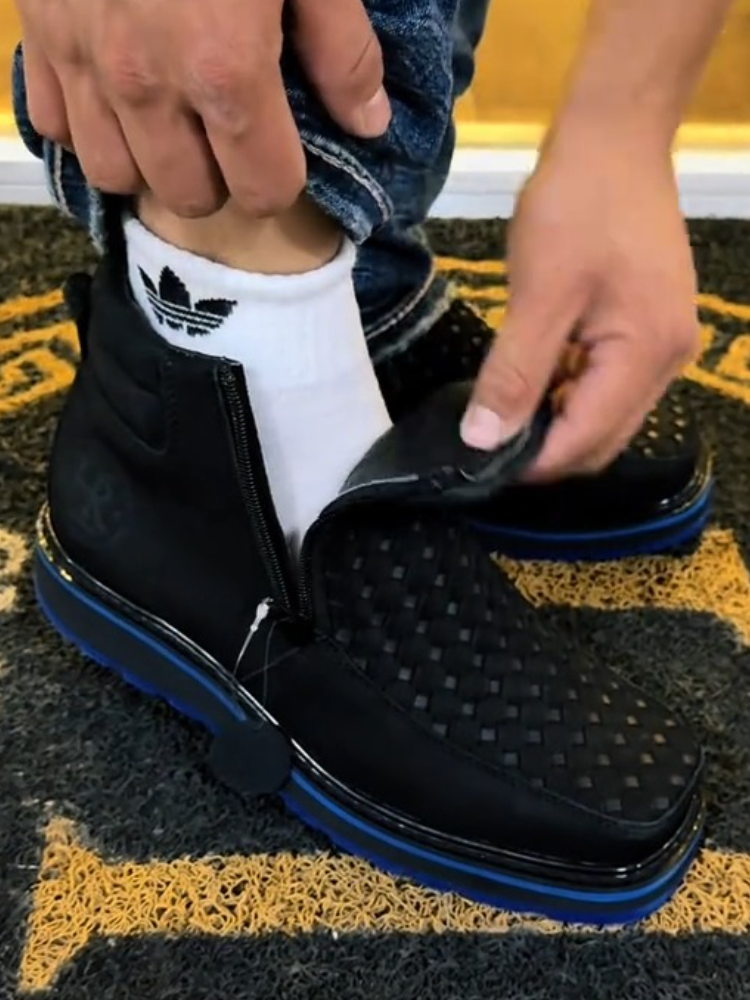 Men’s Woven Leather Mid-Top Shoes With Side Zipper & Blue Sole