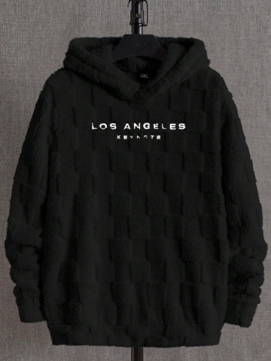 Men's Letter Embroidery Textured Drop Shoulder Fuzzy Hoodie