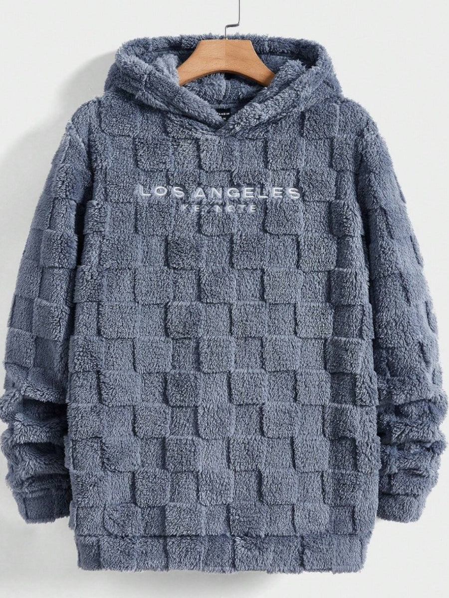 Men's Letter Embroidery Textured Drop Shoulder Fuzzy Hoodie