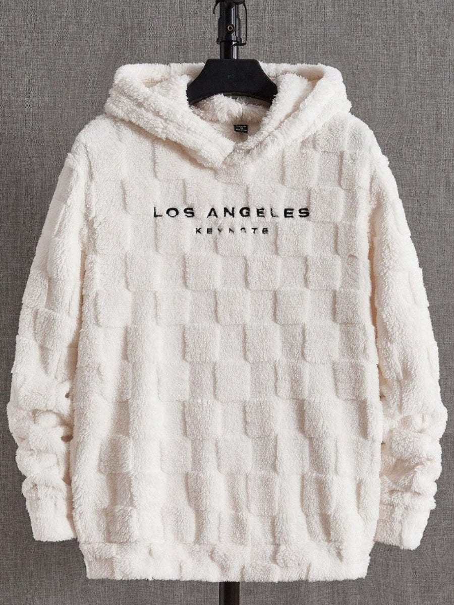 Men's Letter Embroidery Textured Drop Shoulder Fuzzy Hoodie