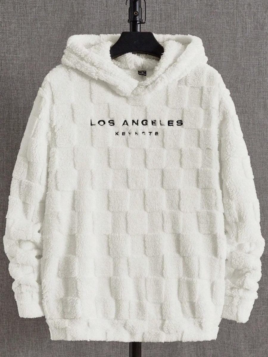 Men's Letter Embroidery Textured Drop Shoulder Fuzzy Hoodie
