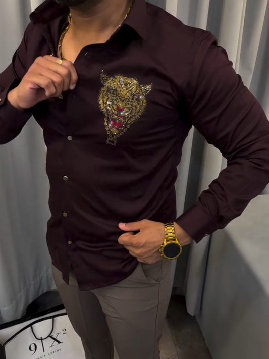 Embroidered Tiger Pattern Formal Shirt For Men