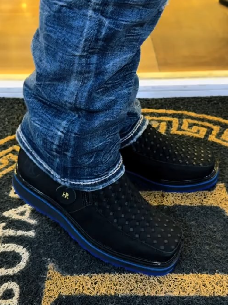 Men’s Woven Leather Mid-Top Shoes With Side Zipper & Blue Sole