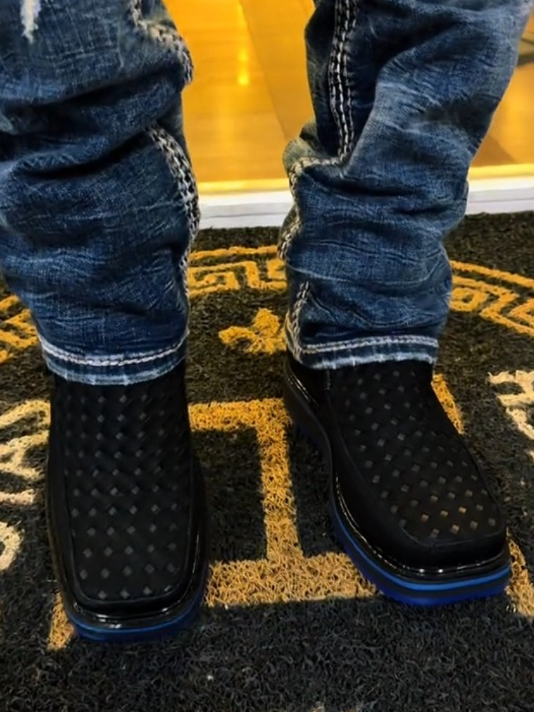 Men’s Woven Leather Mid-Top Shoes With Side Zipper & Blue Sole