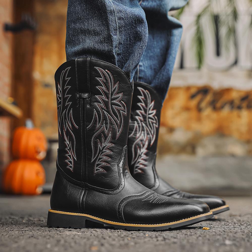Embroidered Vintage Wide Toe Western Cowboy Boots