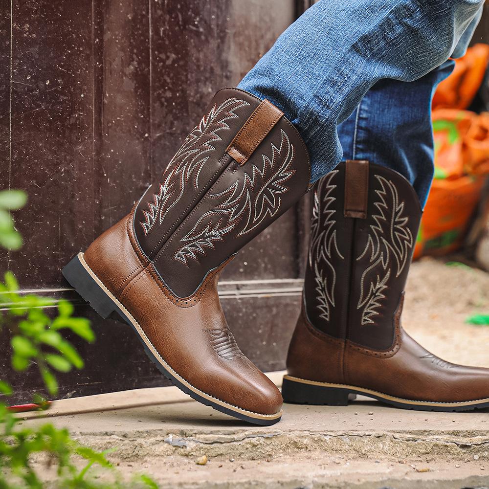 Embroidered Vintage Wide Toe Western Cowboy Boots