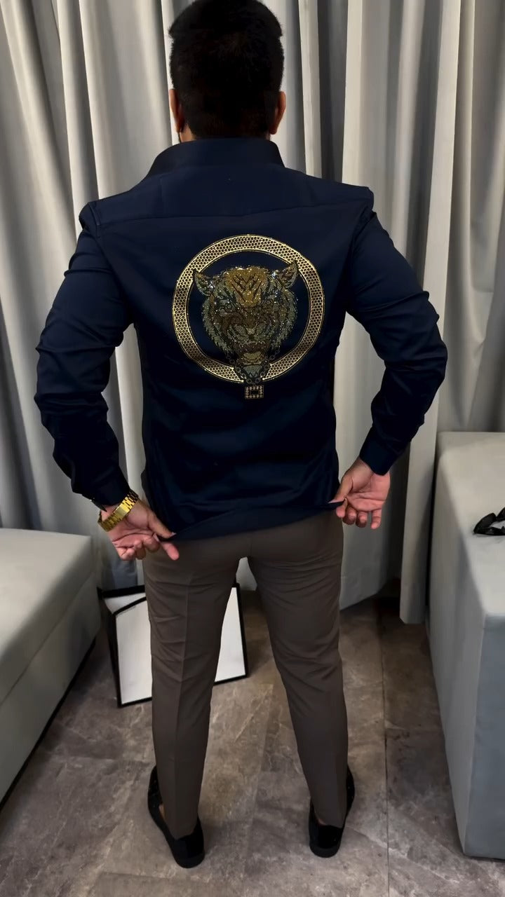 Embroidered Tiger Pattern Formal Shirt For Men