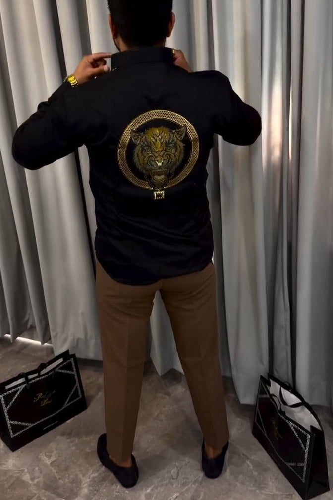 Embroidered Tiger Pattern Formal Shirt For Men