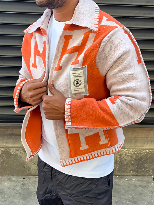 Men's Knitted Letter Print Cardigan