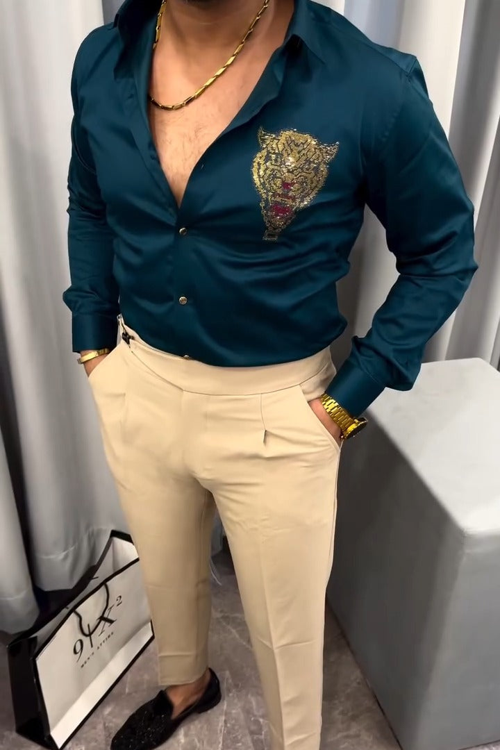 Embroidered Tiger Pattern Formal Shirt For Men