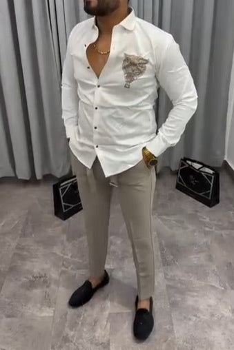 Embroidered Tiger Pattern Formal Shirt For Men