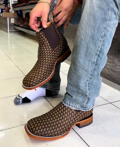Brown hand-woven square-toe cowboy boots