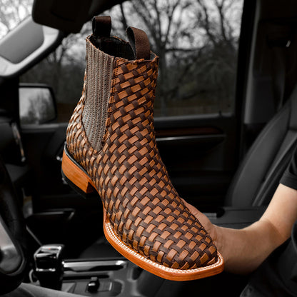 Brown hand-woven square-toe cowboy boots
