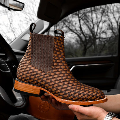 Brown hand-woven square-toe cowboy boots