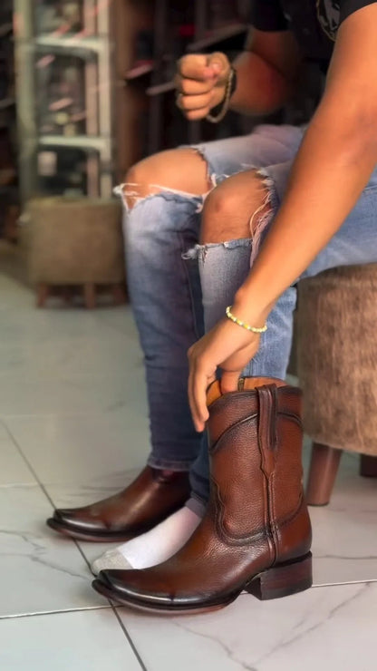 Vintage Dark Leather Zipper Cowboy Mid Calf Boots
