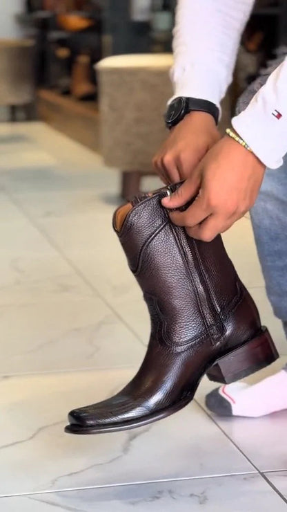 Vintage Dark Leather Zipper Cowboy Mid Calf Boots