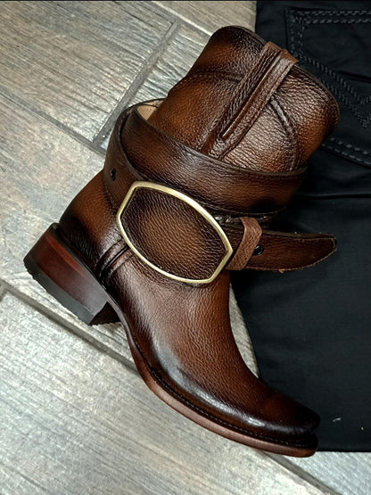 Vintage Dark Leather Zipper Cowboy Mid Calf Boots