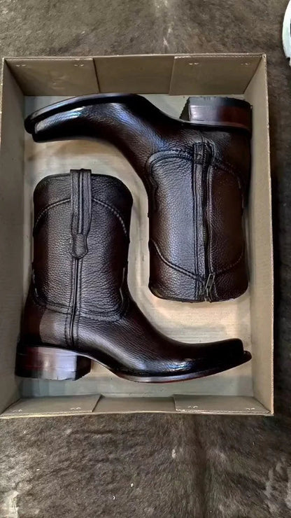 Vintage Dark Leather Zipper Cowboy Mid Calf Boots