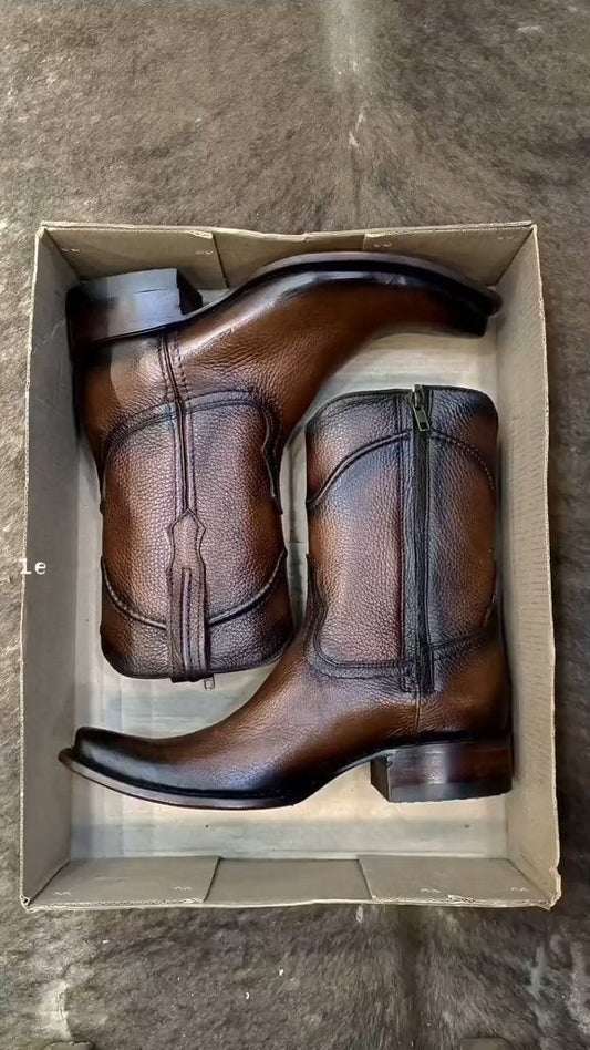 Vintage Dark Leather Zipper Cowboy Mid Calf Boots