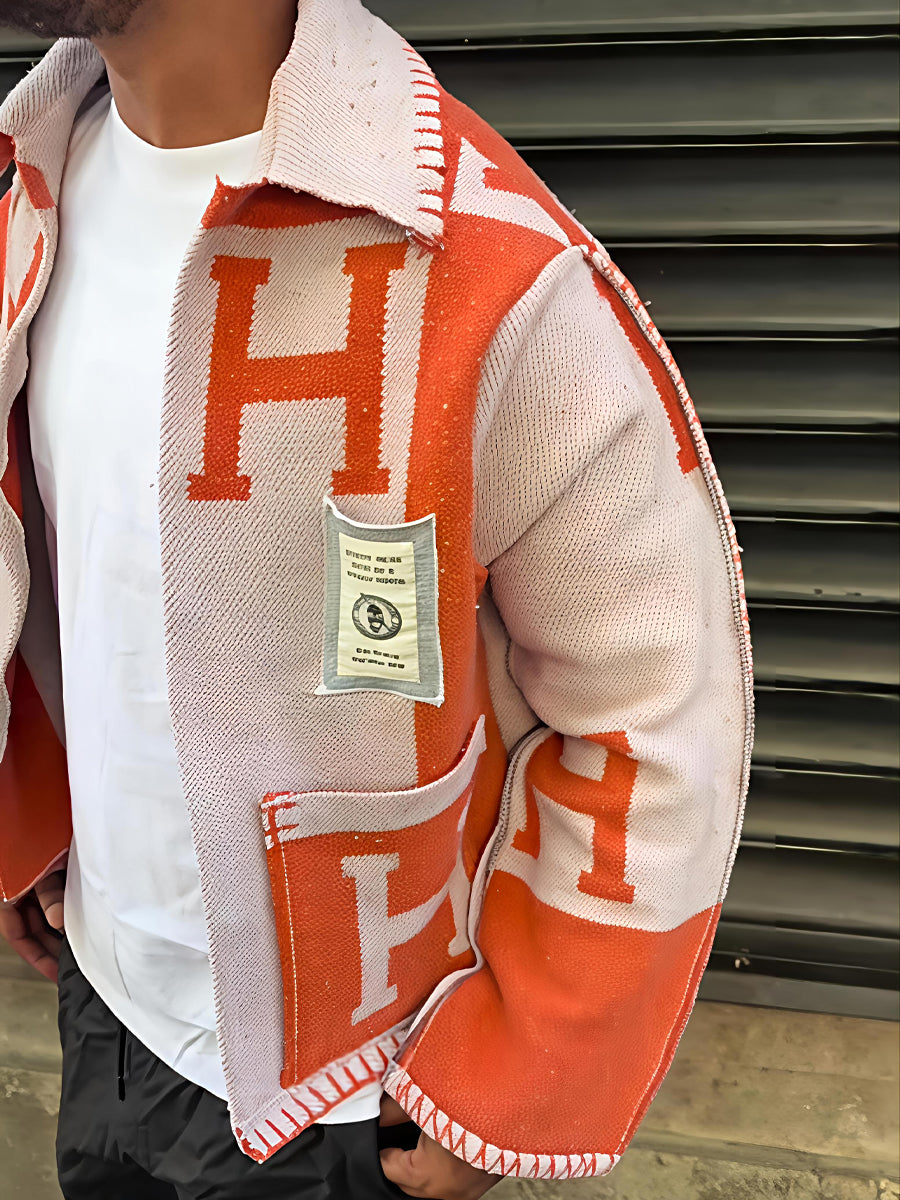 Men's Knitted Letter Print Cardigan