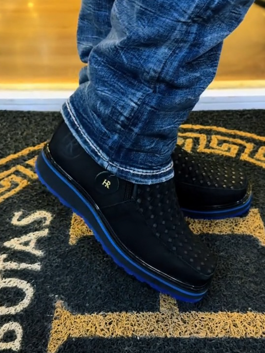 Men’s Woven Leather Mid-Top Shoes With Side Zipper & Blue Sole