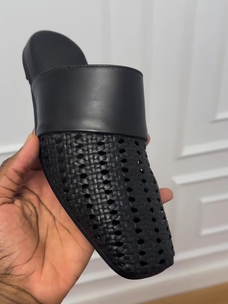 Men’s Woven Leather Mule Slippers – Black Edition