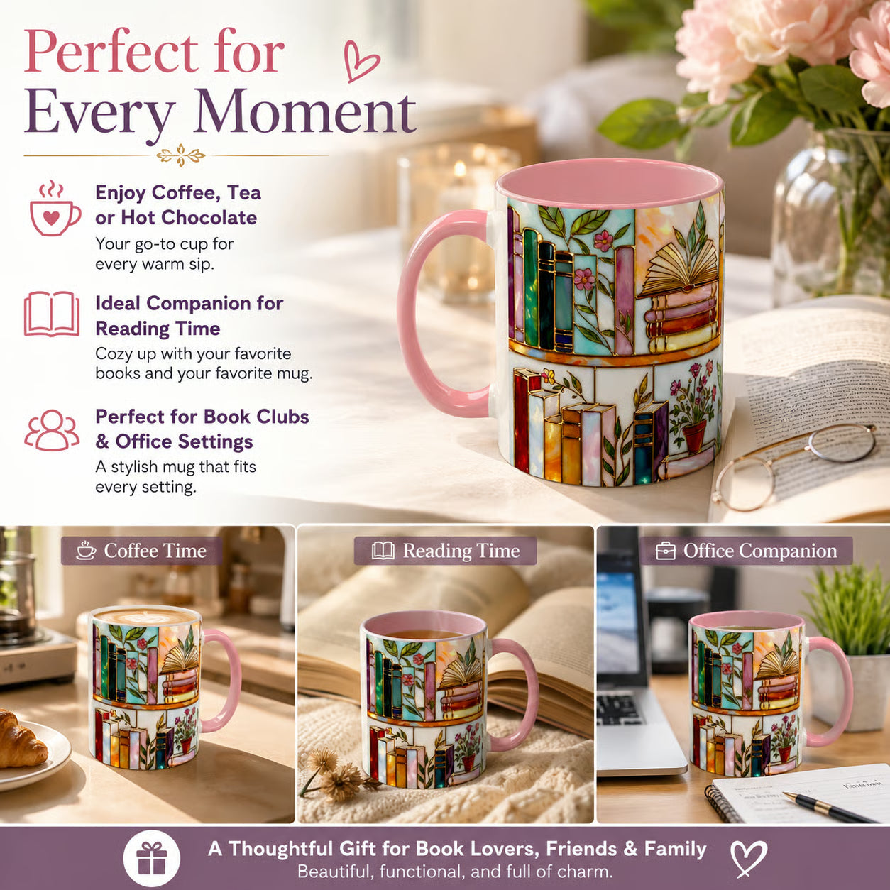 ☕📚Stained-Glass Ceramic Mug- Book Lover Gift, Floral Bookshelf Mug, Coffee & Tea Cup🌈(Buy 2 Free Shipping)