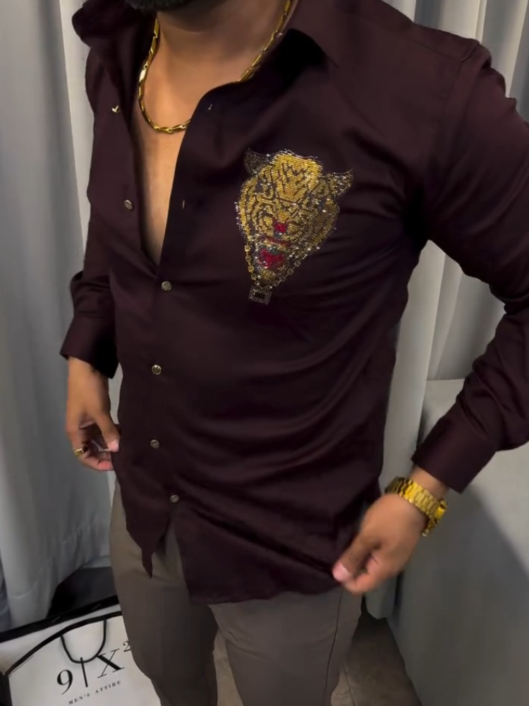 Embroidered Tiger Pattern Formal Shirt For Men