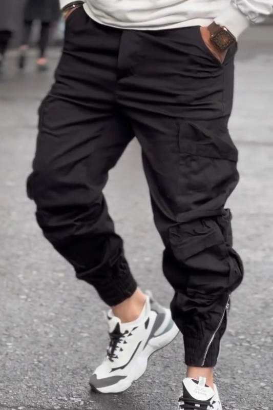 Men’s Black Cargo Pants With Zipper Hem