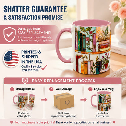 ☕📚Stained-Glass Ceramic Mug- Book Lover Gift, Floral Bookshelf Mug, Coffee & Tea Cup🌈(Buy 2 Free Shipping)