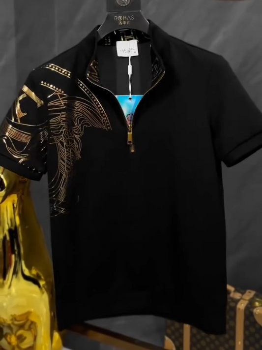 Men’s Satin Print Polo Shirt With Zipper Collar