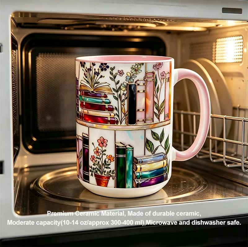☕📚Stained-Glass Ceramic Mug- Book Lover Gift, Floral Bookshelf Mug, Coffee & Tea Cup🌈(Buy 2 Free Shipping)
