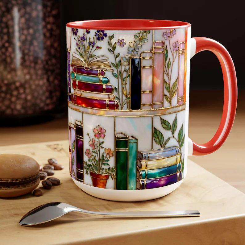 ☕📚Stained-Glass Ceramic Mug- Book Lover Gift, Floral Bookshelf Mug, Coffee & Tea Cup🌈(Buy 2 Free Shipping)