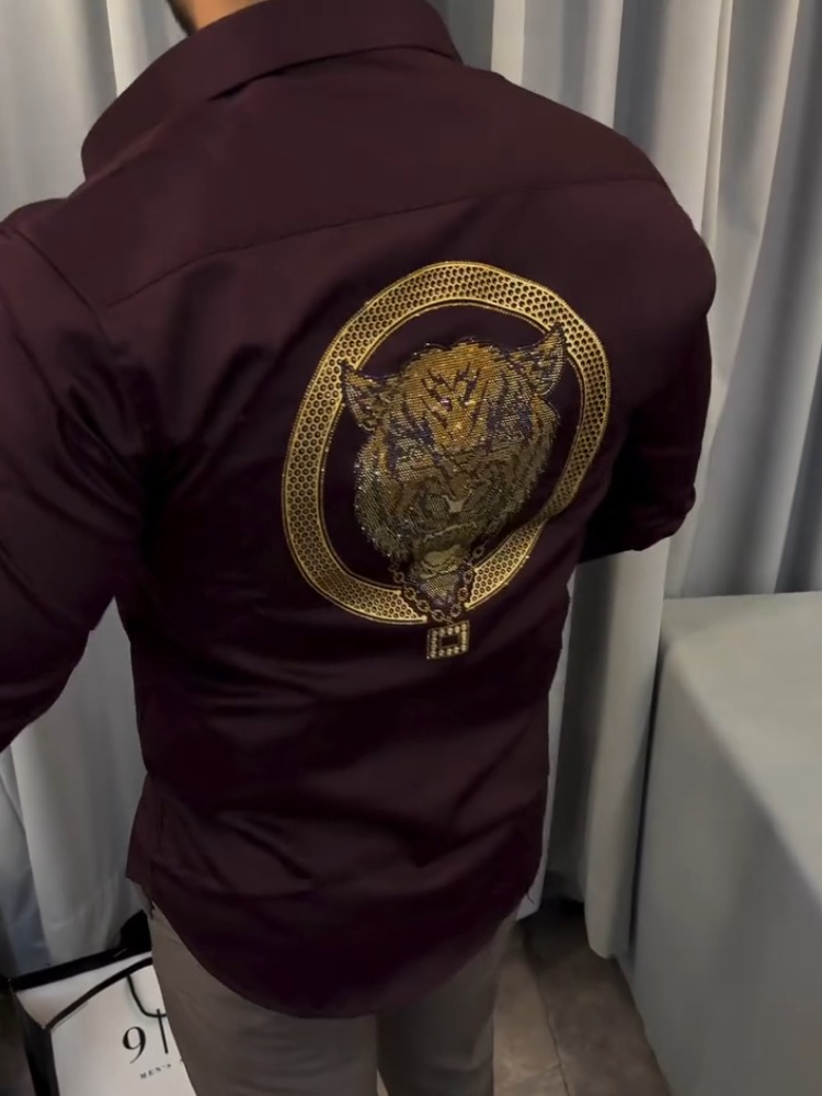 Embroidered Tiger Pattern Formal Shirt For Men