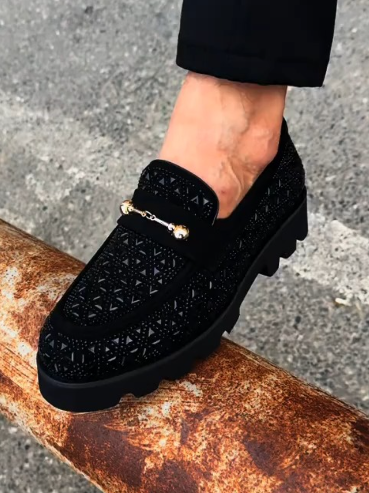 Stylish Men’s Loafers – Woven Upper, Gold Hardware & Rugged Sole