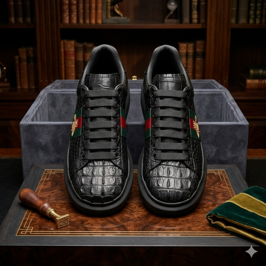 Imperial Artisan: Crocodile-Embossed "Gold Bee" Sneakers