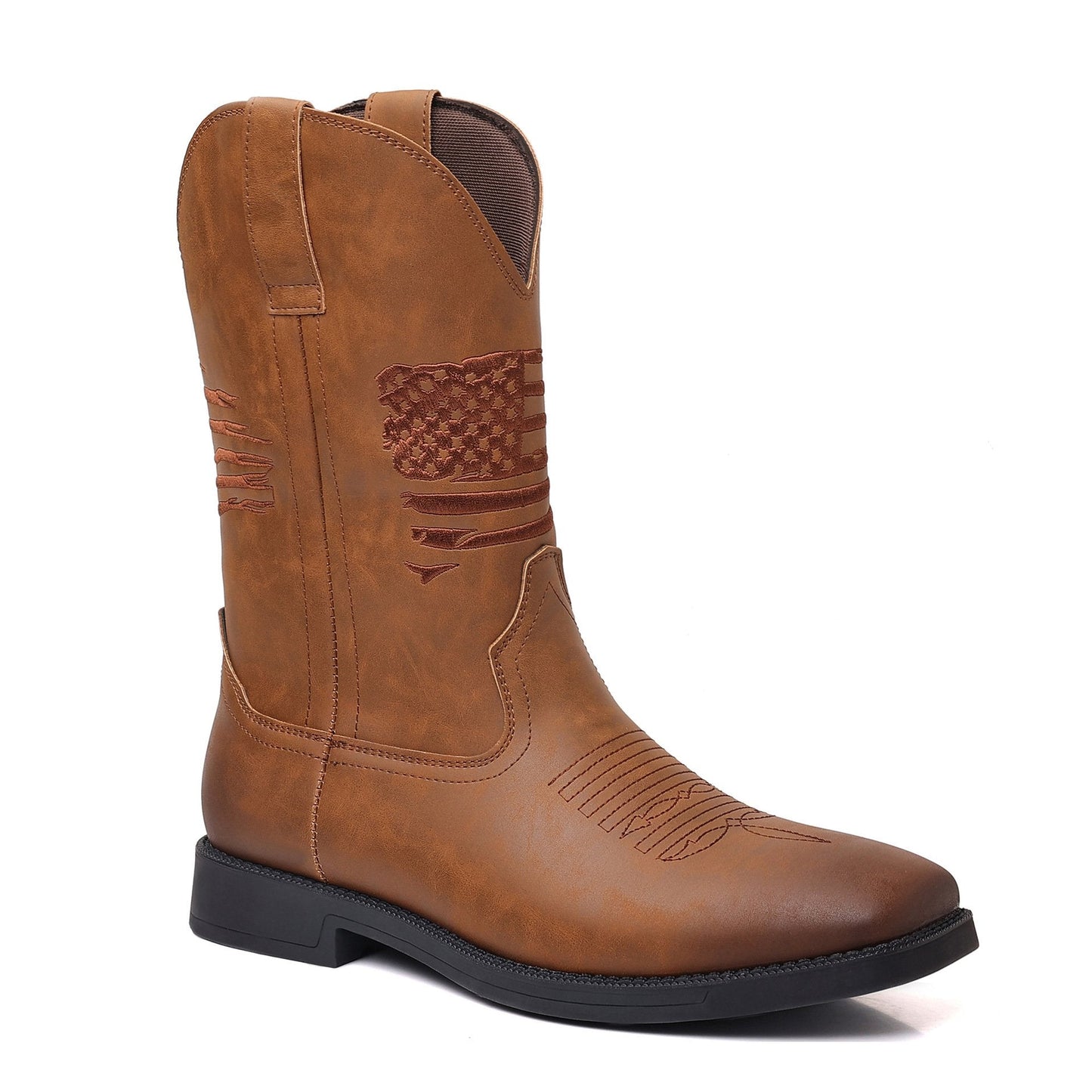 American Flag Embroidered Vintage Wide Toe Western Cowboy Boots