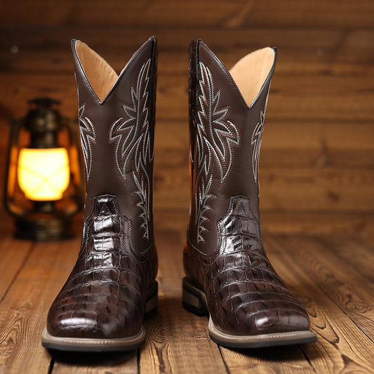 Crocodile Embroidered Vintage Wide Toe Western Cowboy Boots