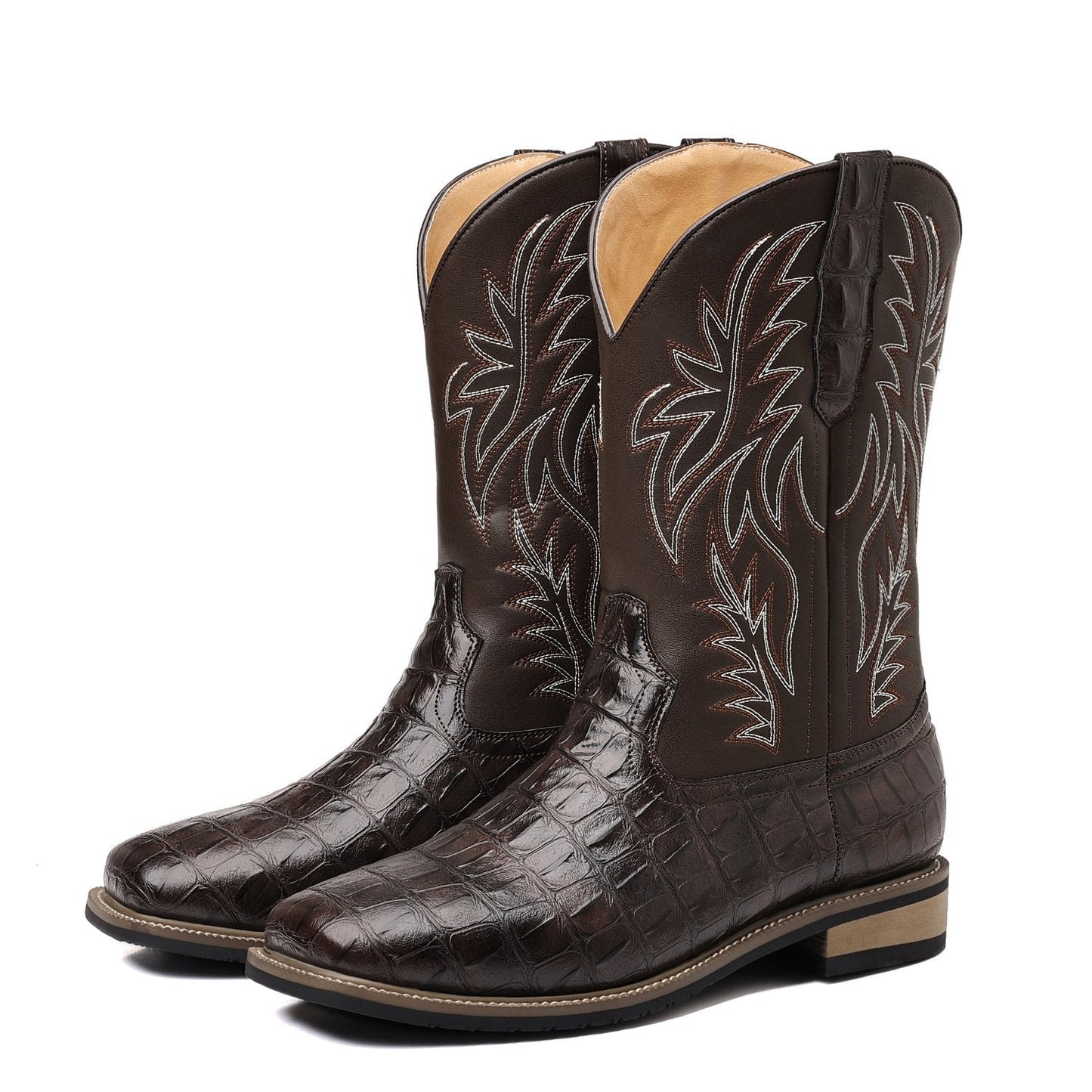 Crocodile Embroidered Vintage Wide Toe Western Cowboy Boots