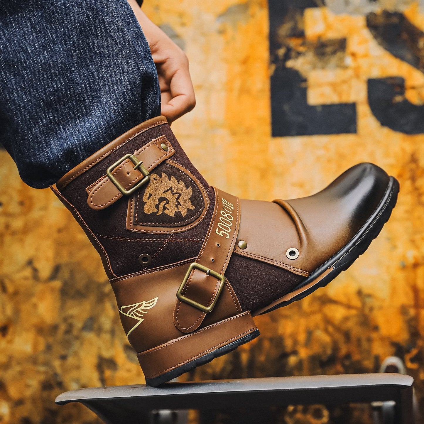 Vintage Metal Buckle Side Zipper Men's Boots