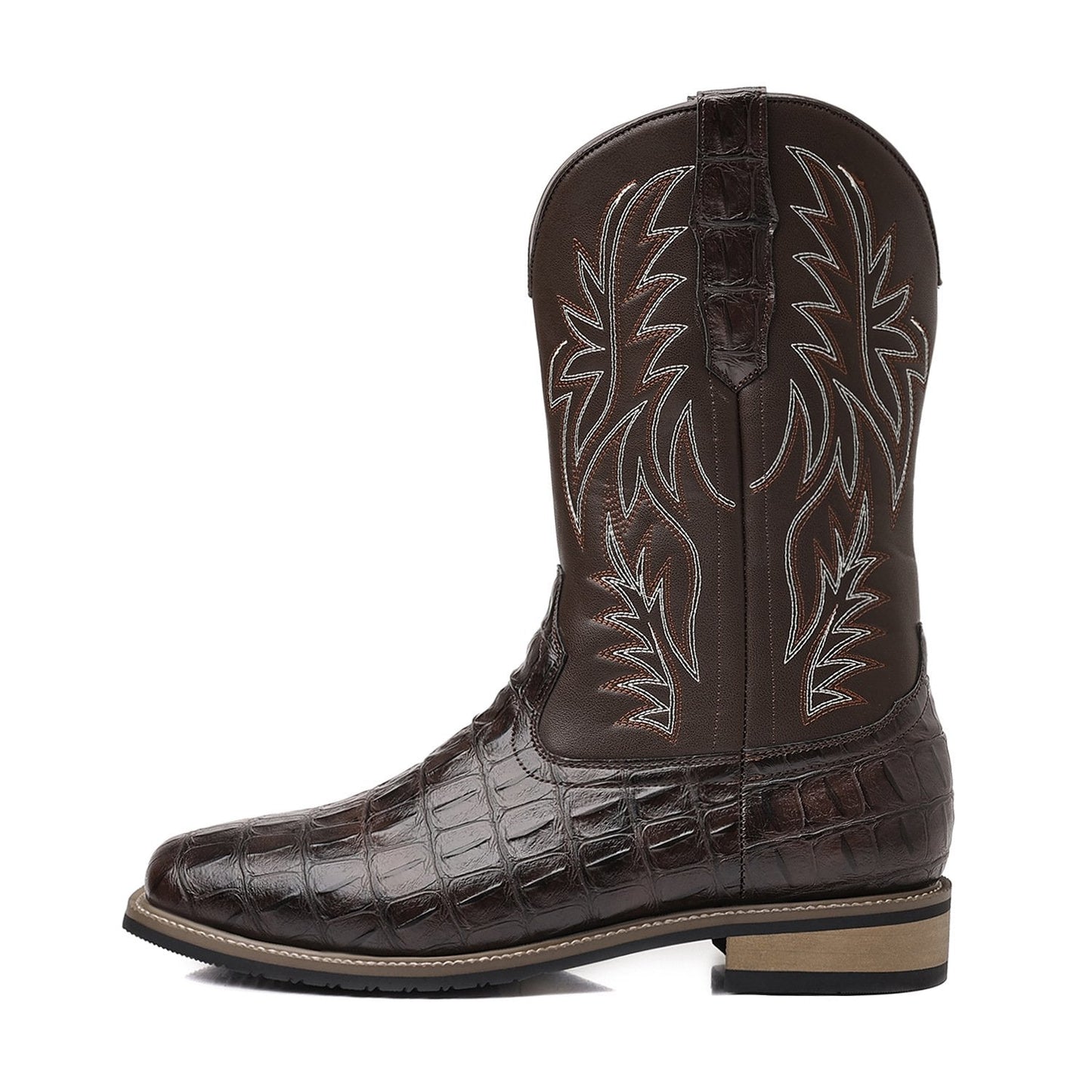 Crocodile Embroidered Vintage Wide Toe Western Cowboy Boots