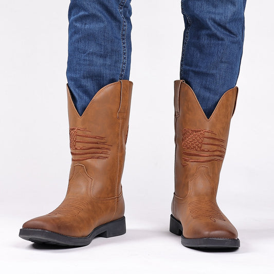 American Flag Embroidered Vintage Wide Toe Western Cowboy Boots