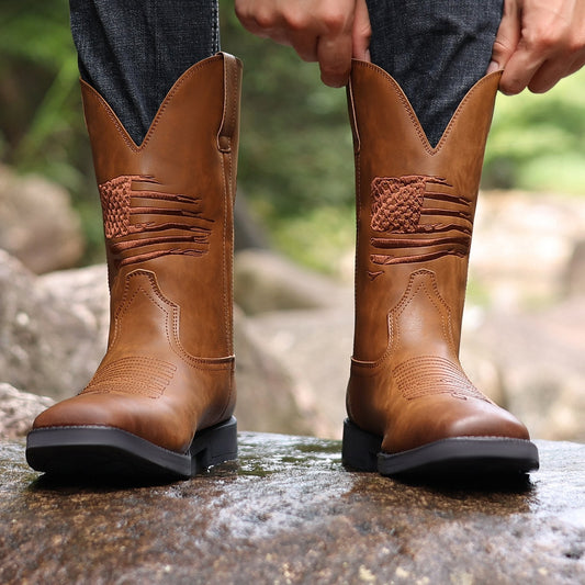 American Flag Embroidered Vintage Wide Toe Western Cowboy Boots