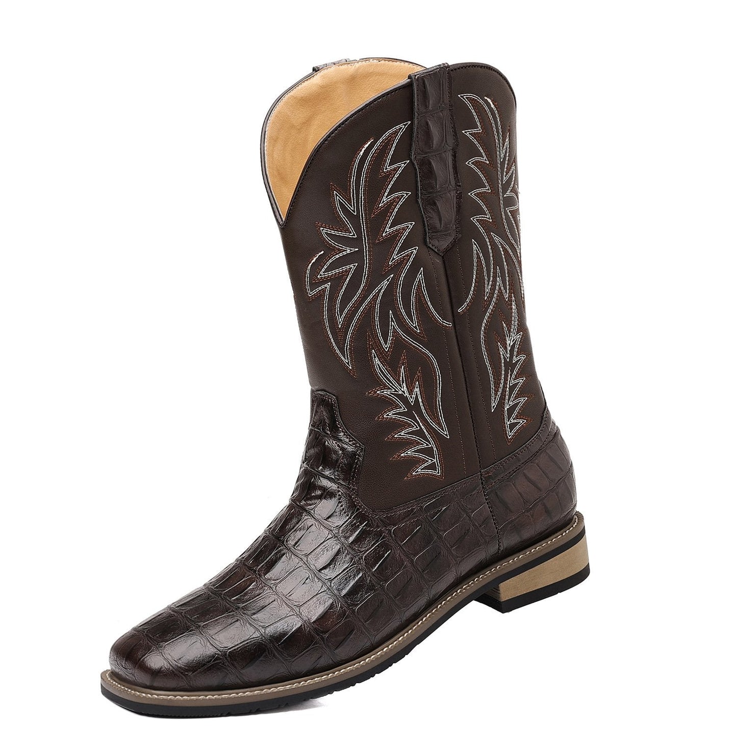 Crocodile Embroidered Vintage Wide Toe Western Cowboy Boots