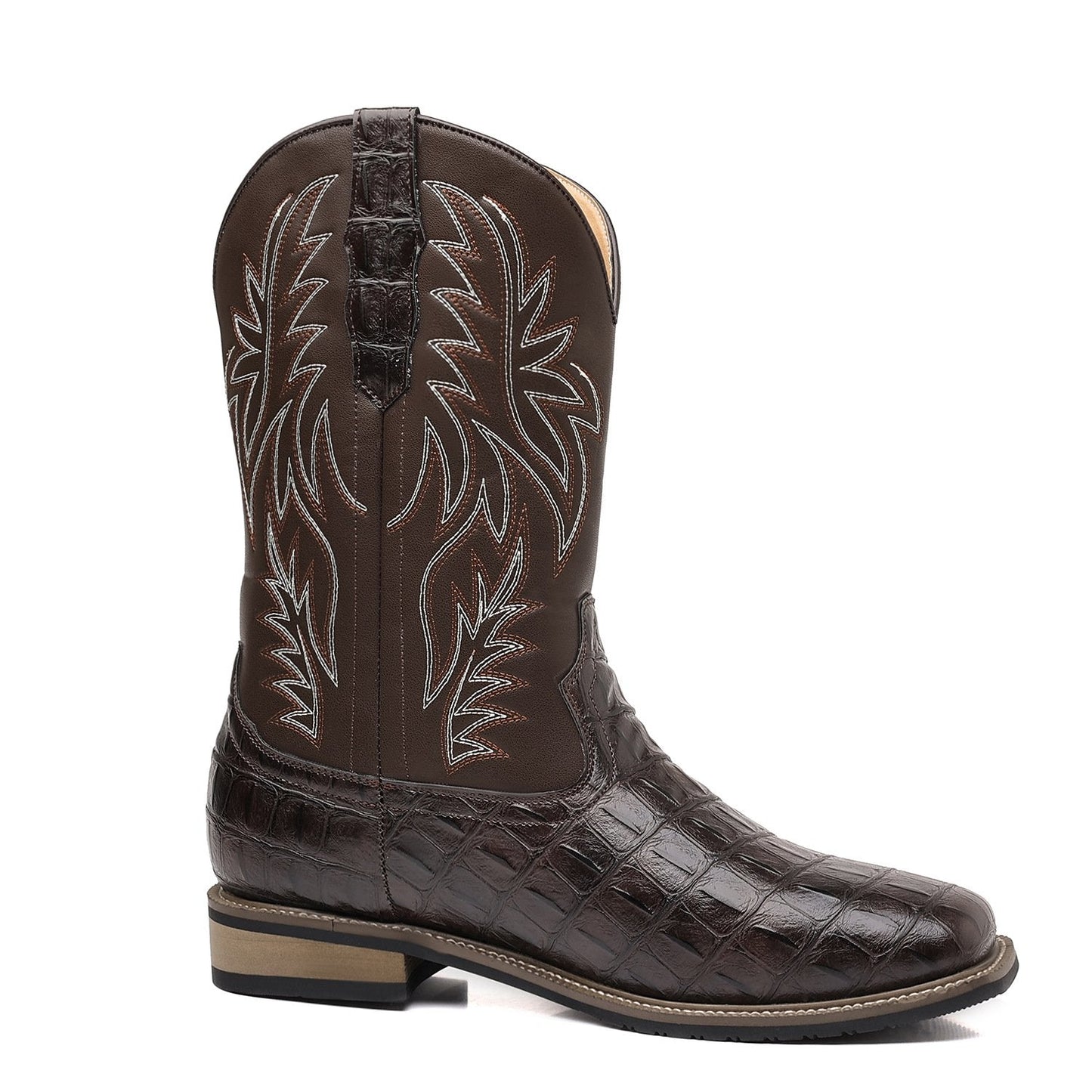 Crocodile Embroidered Vintage Wide Toe Western Cowboy Boots