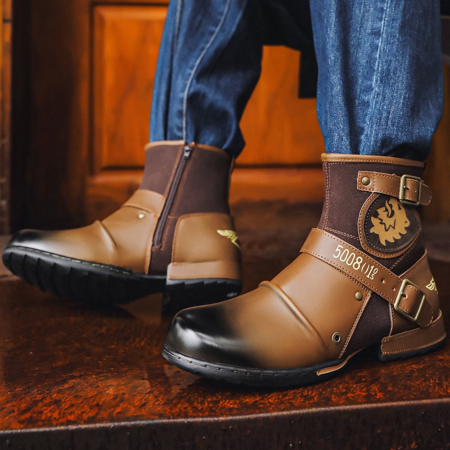 Vintage Metal Buckle Side Zipper Men's Boots